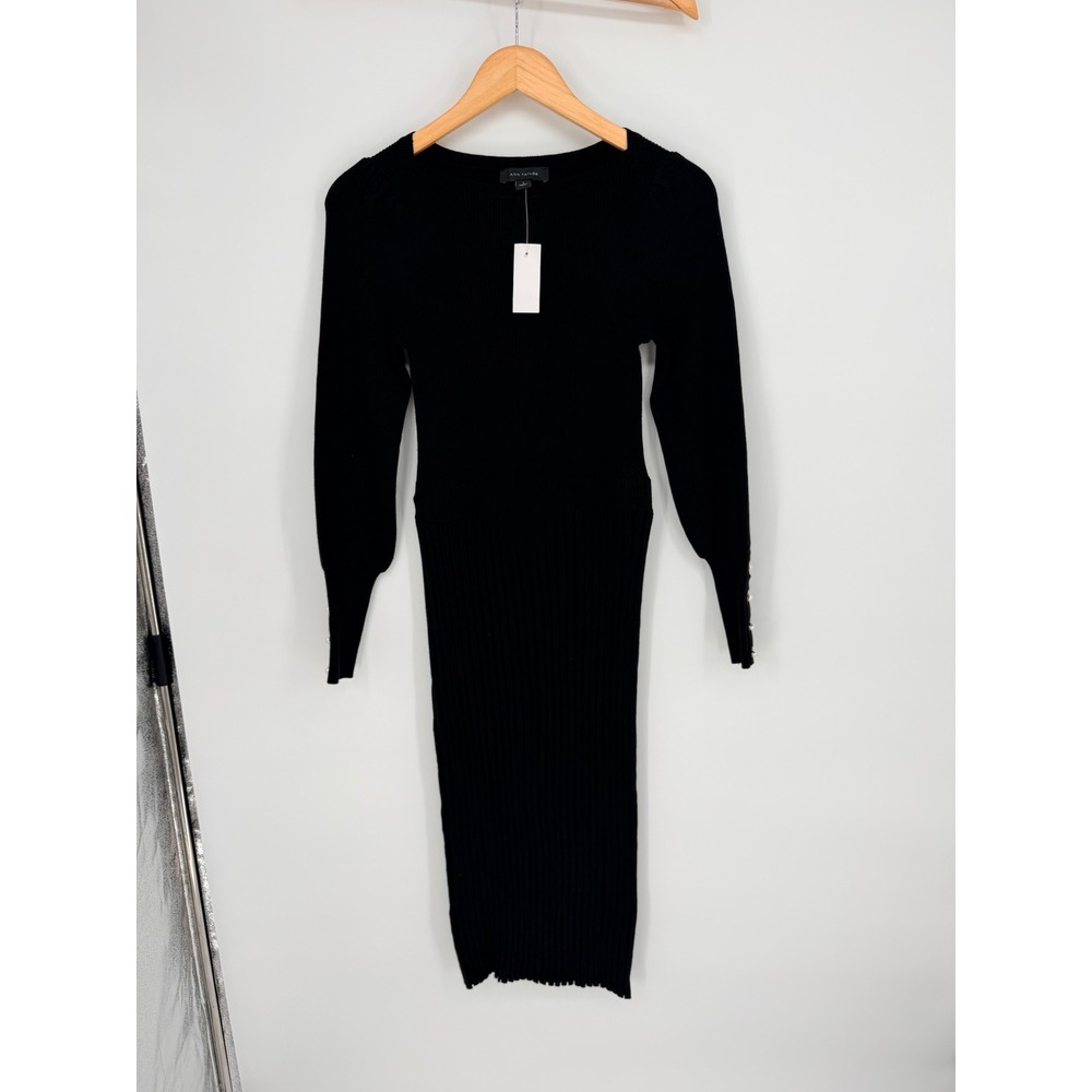 Ann Taylor Ribbed Sweater‎ Dress Small Black Pearl Cuff Midi Quiet Luxury Chic